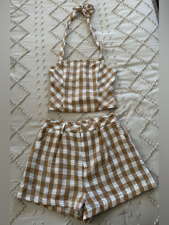 KIRIOUS LOS ANGELES Pants - Kirious Los Angeles Gingham Crop Top & Shorts Set Tan and White-Size Small-NWT